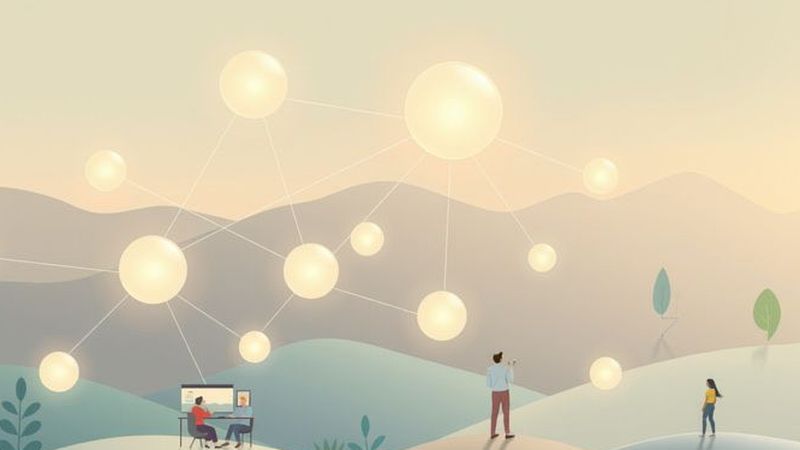 Orbes de datos iluminan espacios colaborativos serenos