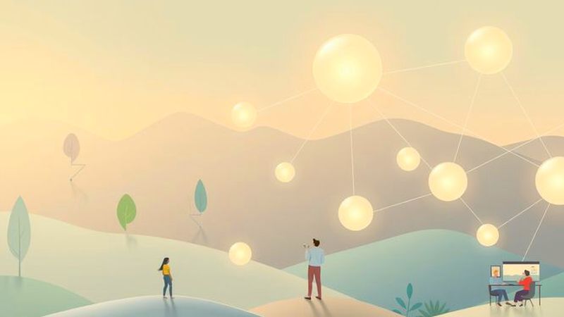 Orbes de datos iluminan espacios colaborativos serenos