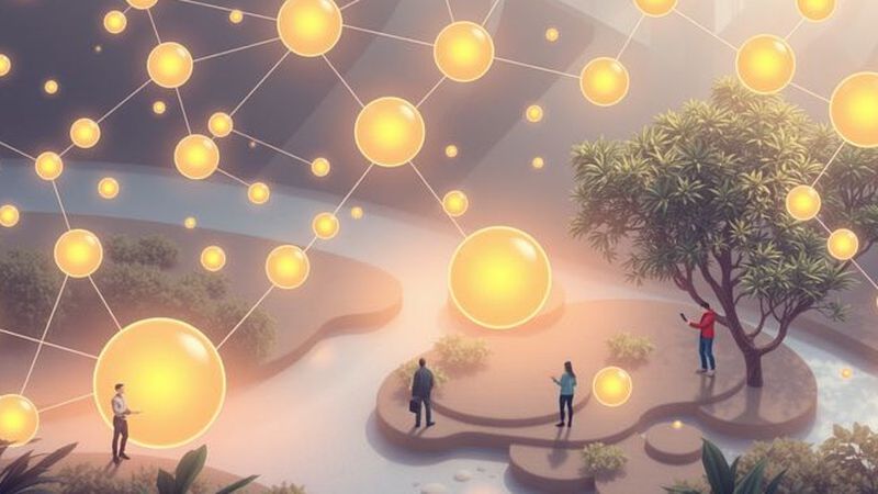 Orbes luminosas representan colaboración optimista y fluida