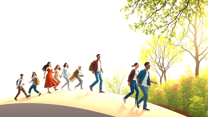 Personas ascienden a un jardín vibrante